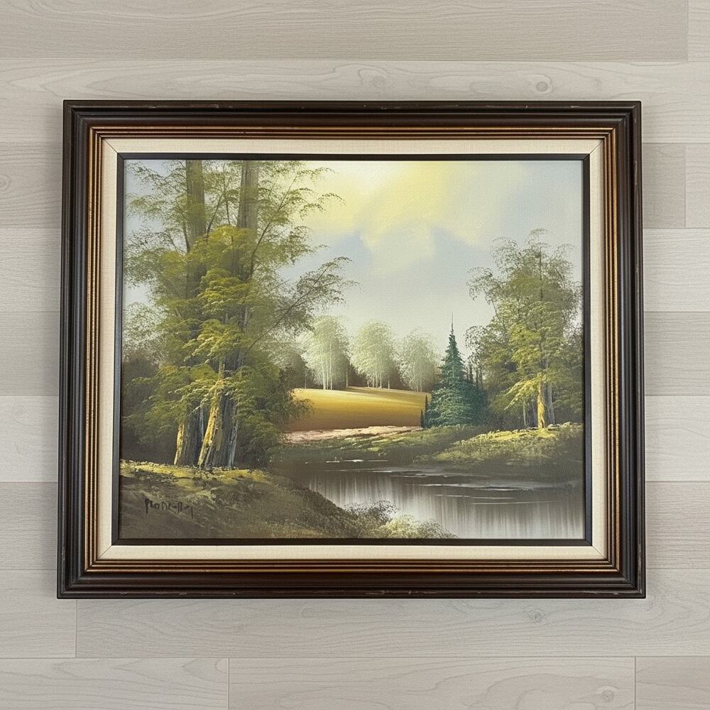 Vintage Oil Landscape Painting-Signed Robert-Framed Woodland River-Forest-Nature